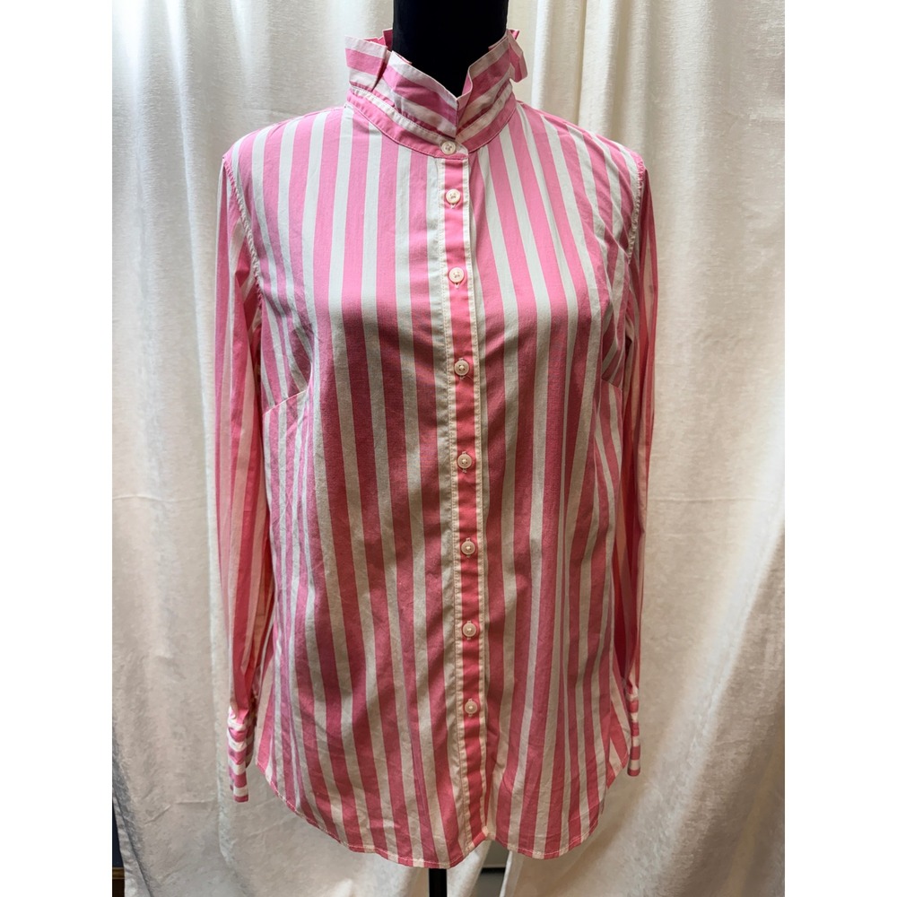 Banana Republic Women 14 Pink White Striped Cotton Ruffle Collar Preppy Top